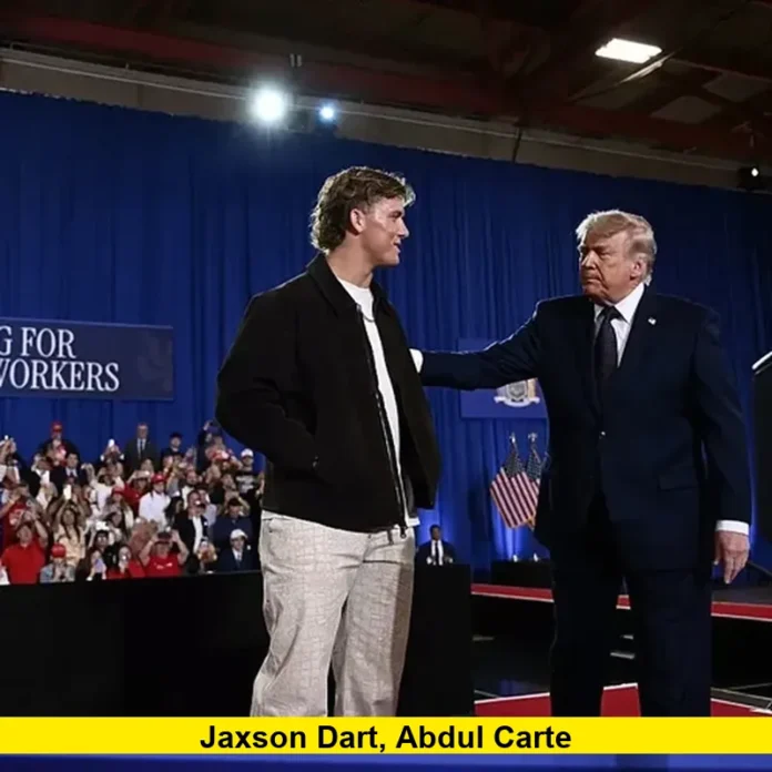 Jaxson Dart, Abdul Carte Jaxson Dart, Abdul Carter, New York Giants, Giants Trump rally, Jaxson Dart Trump, Abdul Carter Jaxson Dart, Giants OTA 2026, John Harbaugh Giants, NFL locker room, Giants 2026 season,