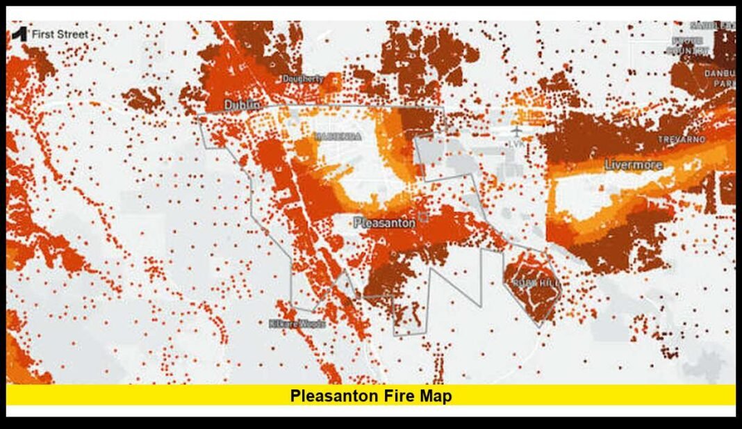 A map detailing the Pleasanton fire perimeter and evacuation areas
